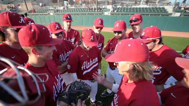 The University of Alabama Baseball Team huddles pregame against UAB at Sewell-Thomas Stadium in Tuscaloosa, AL on Tuesday, Mar 21, 2023.